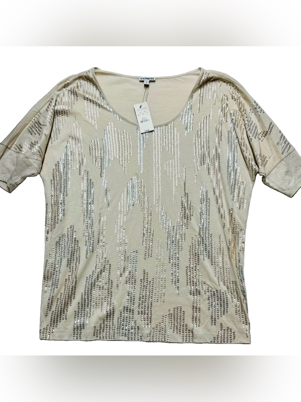 Express Sequin Top Women’s M Beige Gold Short Sleeve NWT Party Holiday